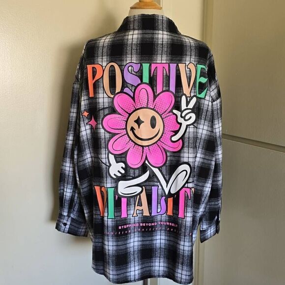 Shein Curve Blk/White Plaid FlannelPositive Vitality Button Down Shirt, NWOT, 1X - Picture 4 of 7